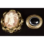 Victorian banded agate brooch with Greek key border and a Victorian pinchbeck cameo brooch