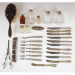 Hallmarked silver mounted and handled items including knives, brush, comb, dressing table bottles