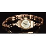 Buren Rival 9ct gold ladies wristwatch with blued hands, Arabic numerals, silver dial and signed