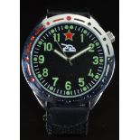 Russian tank commander's military style wristwatch with luminous hands, green Arabic numerals, black