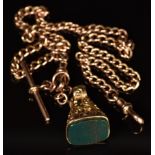 A 9ct rose gold Albert watch chain, length 40cm with 9ct gold fob seal set with bloodstone, weight