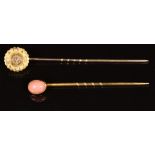 Victorian 9ct gold stick pin set with a rose cut diamond and a stick pin set with a coral