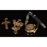 A 14k gold cross pendant (4.6g), 9ct gold bracelet (2.8g) and 9ct gold cased watch