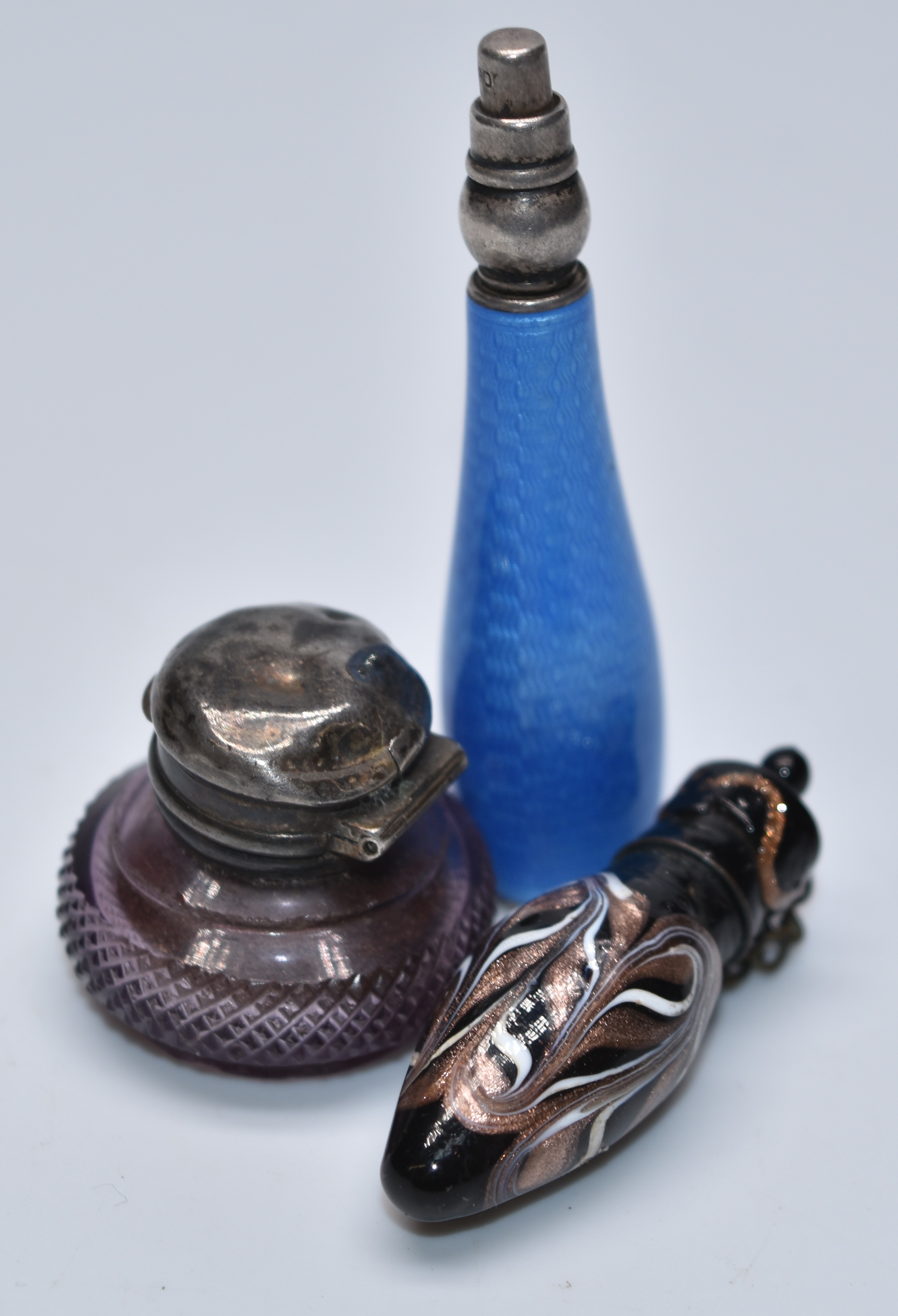 Guilloché enamel atomiser, marked 900, miniature scent bottle with aventurine decoration and a 19thC