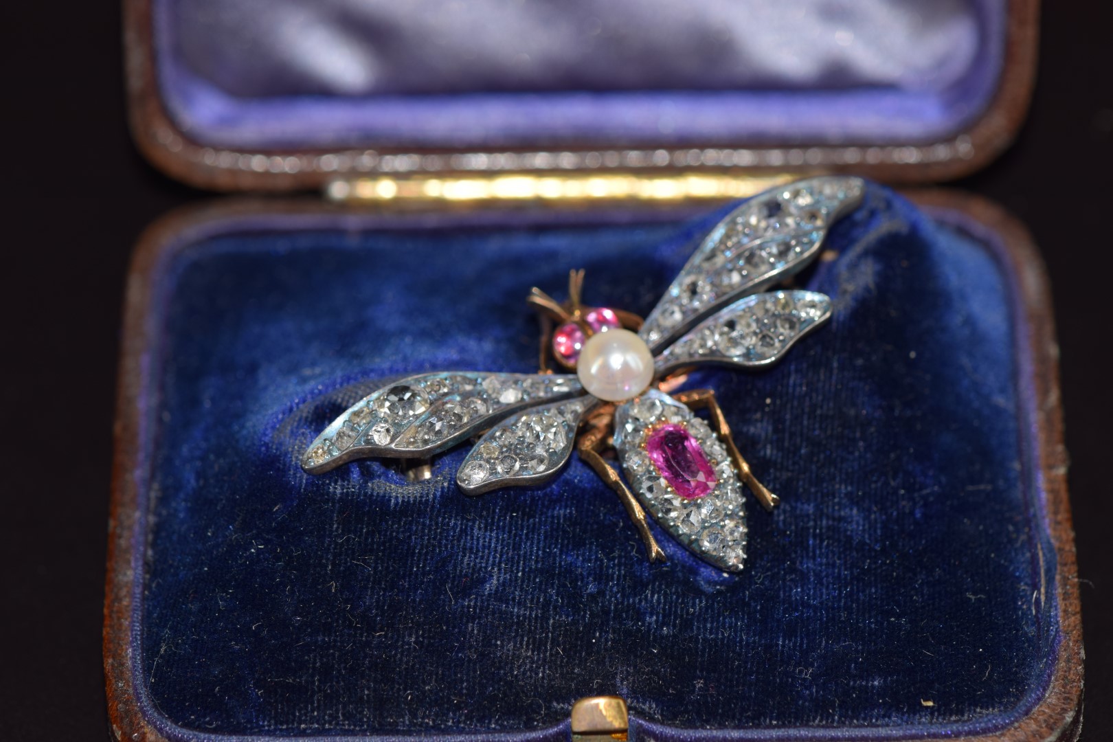 A c1880 gold and silver brooch in the form of a fly set with a natural pearl, pink sapphires, old - Image 6 of 8