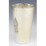 Thai silver beaker with embossed decoration of a deity to front and back, marked to base Alex &