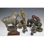 Collection of spelter, bronze, brass and other metal figures including dogs, fish, 16thC soldiers,