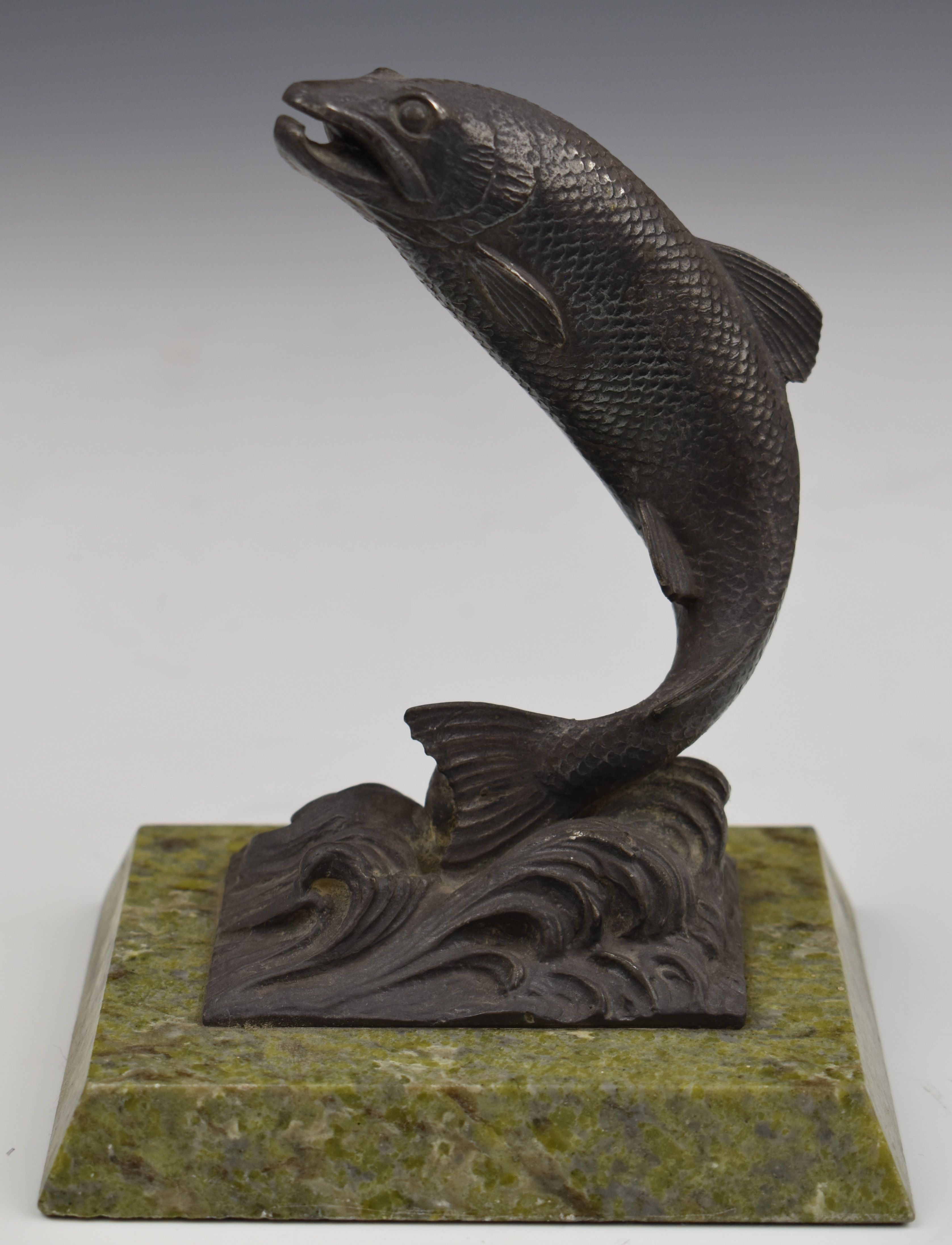 Art Deco style silver plated leaping salmon on marble base, height 15cm