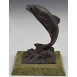 Art Deco style silver plated leaping salmon on marble base, height 15cm