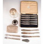 Cased set of five hallmarked silver handled knives, further silver handled cutlery, silver handle,
