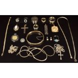 A collection of silver jewellery including bangle, five rings, chains, pendants, horse pendant and