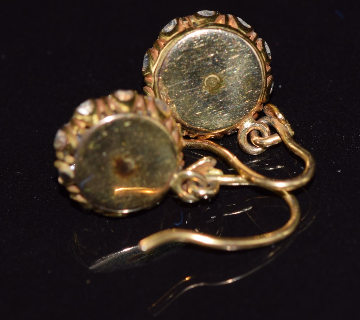 A pair of c1900 18ct gold earrings, each set with a natural pearl measuring 6.4mm surrounded by - Image 4 of 5