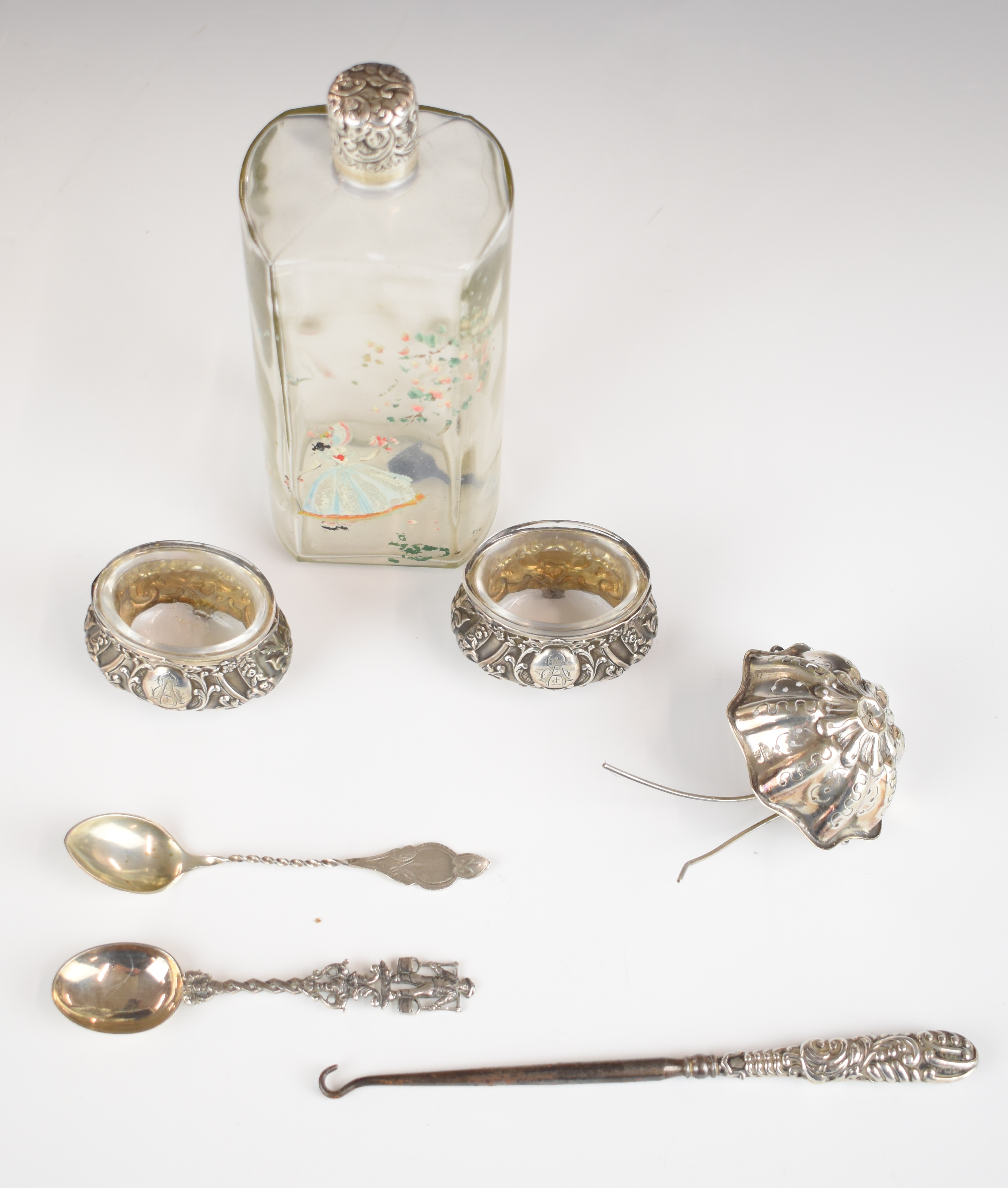 Pair of continental silver salts with clear glass liners, teaspoon marked sterling, further