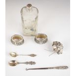 Pair of continental silver salts with clear glass liners, teaspoon marked sterling, further