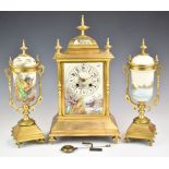 Japy Freres gilt metal and Sèvres or similar painted porcelain mantel clock garniture decorated with