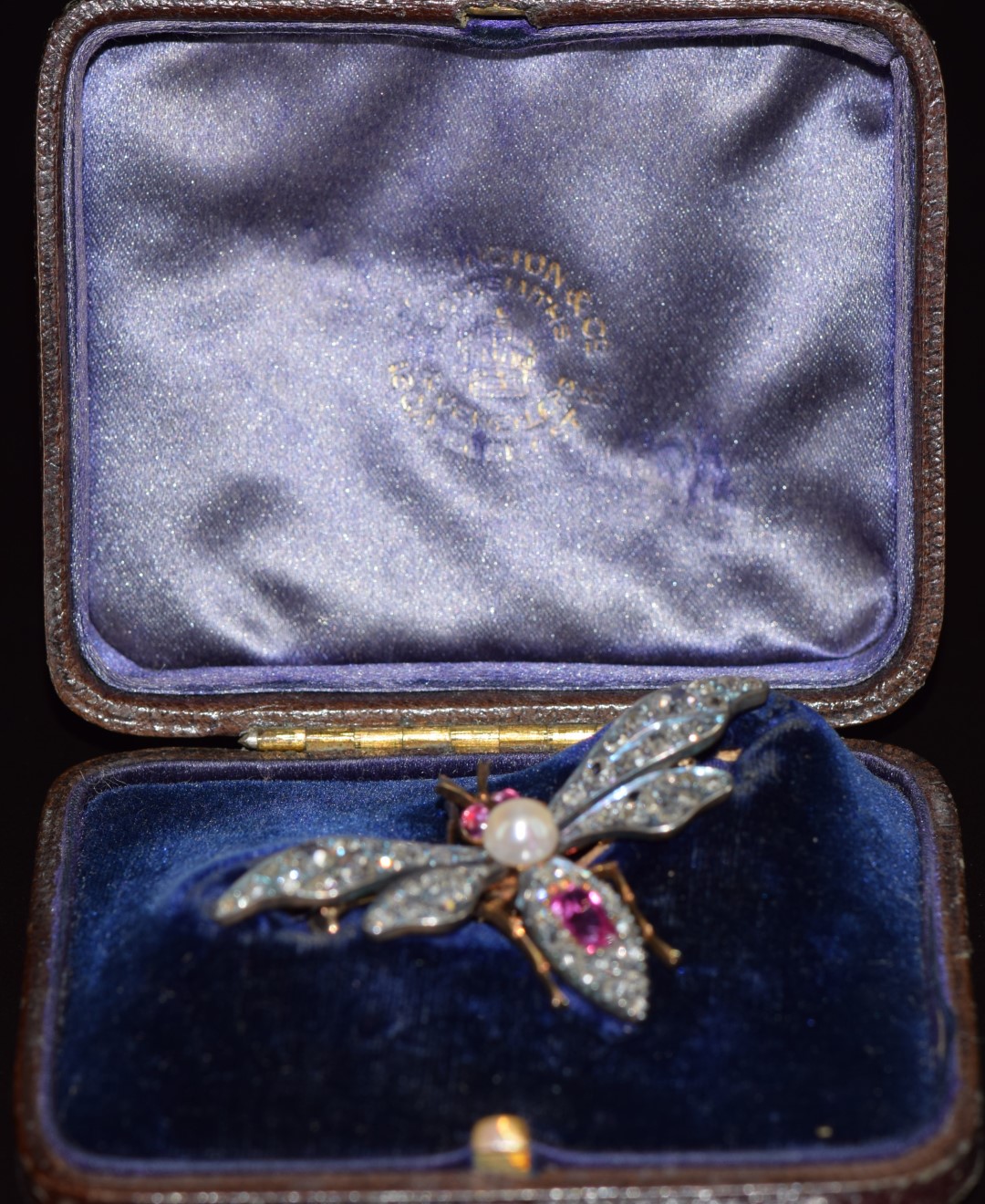 A c1880 gold and silver brooch in the form of a fly set with a natural pearl, pink sapphires, old - Image 5 of 8