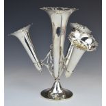 George V hallmarked silver epergne with central trumpet surrounded by three smaller trumpet vases,