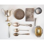 Hallmarked silver items to include trophy cup, height 9cm, Georgian and later spoons, open salt,