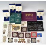 A collection of coins including last LSD and first decimal set, modern crowns, Pobjoy commemoratives