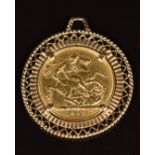 A 1903 gold full sovereign with Melbourne mint mark, in 9ct gold mount, 11.0g