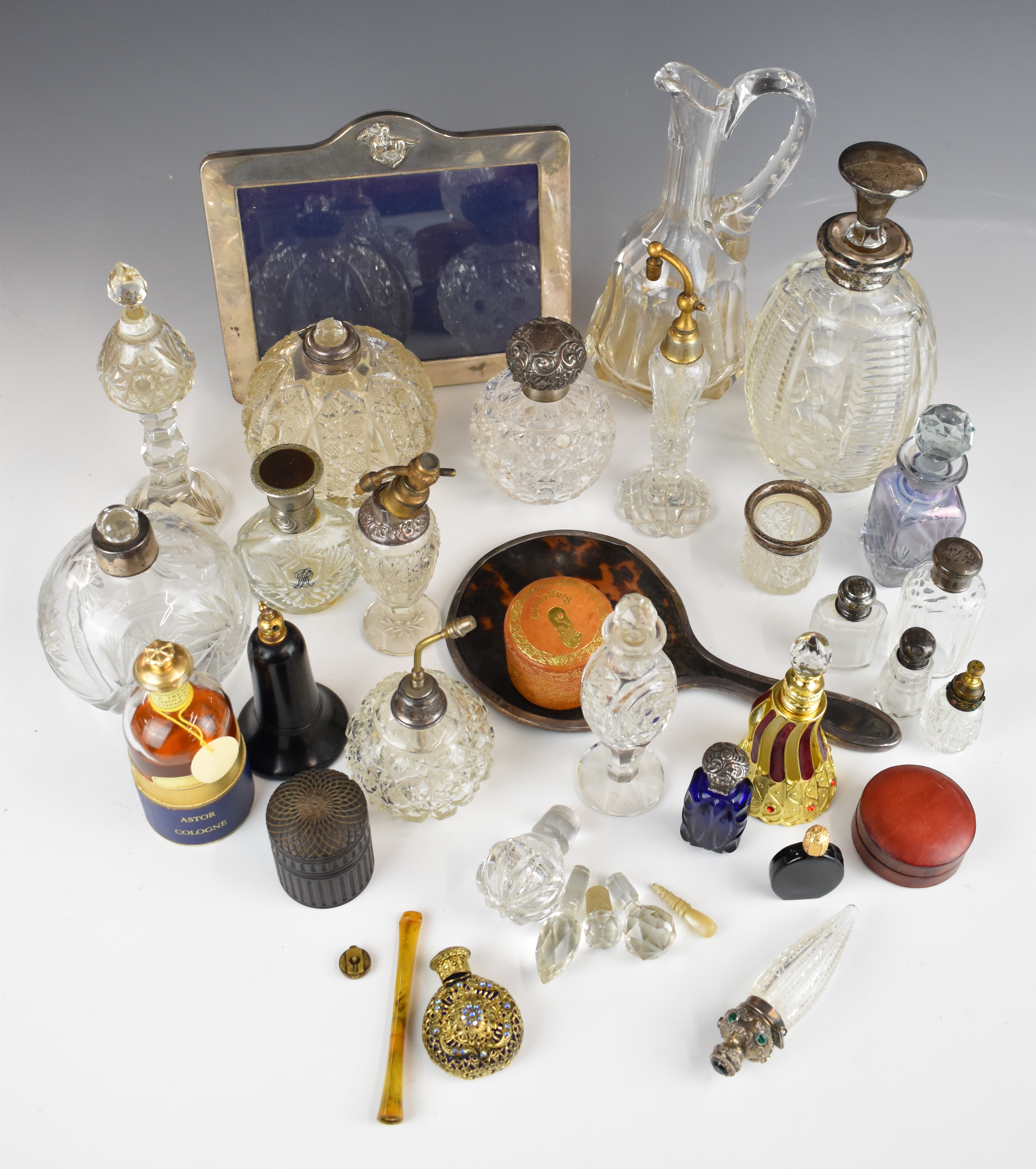 Hallmarked silver mounted glass items including claret jug, decanter, scent bottles etc, further