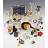 Hallmarked silver mounted glass items including claret jug, decanter, scent bottles etc, further