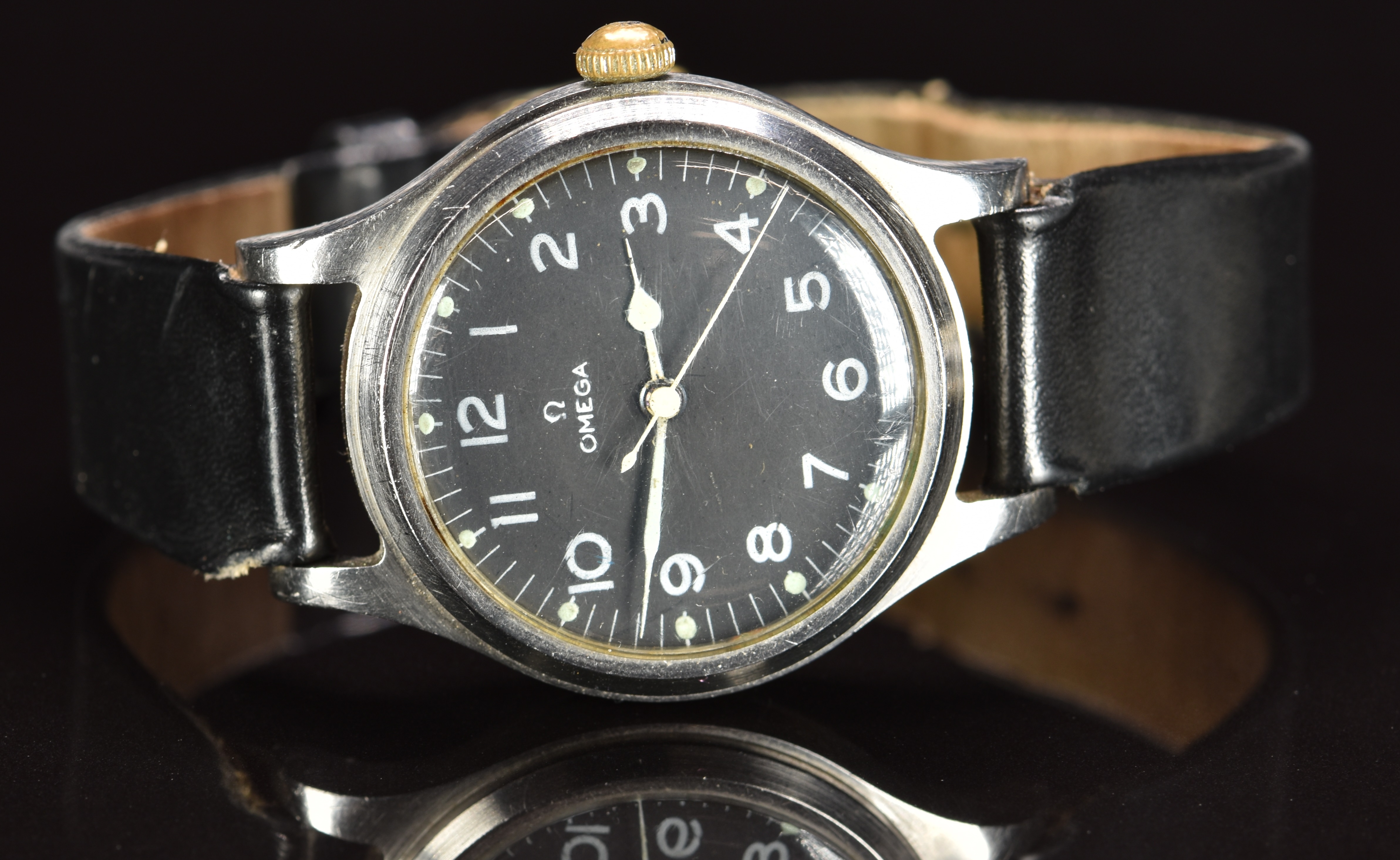 Omega British military issue wristwatch with luminous hands, white Arabic numerals, black dial, - Image 4 of 6