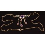 Edwardian 9ct gold necklace set with seed pearls and amethysts, length 42cm