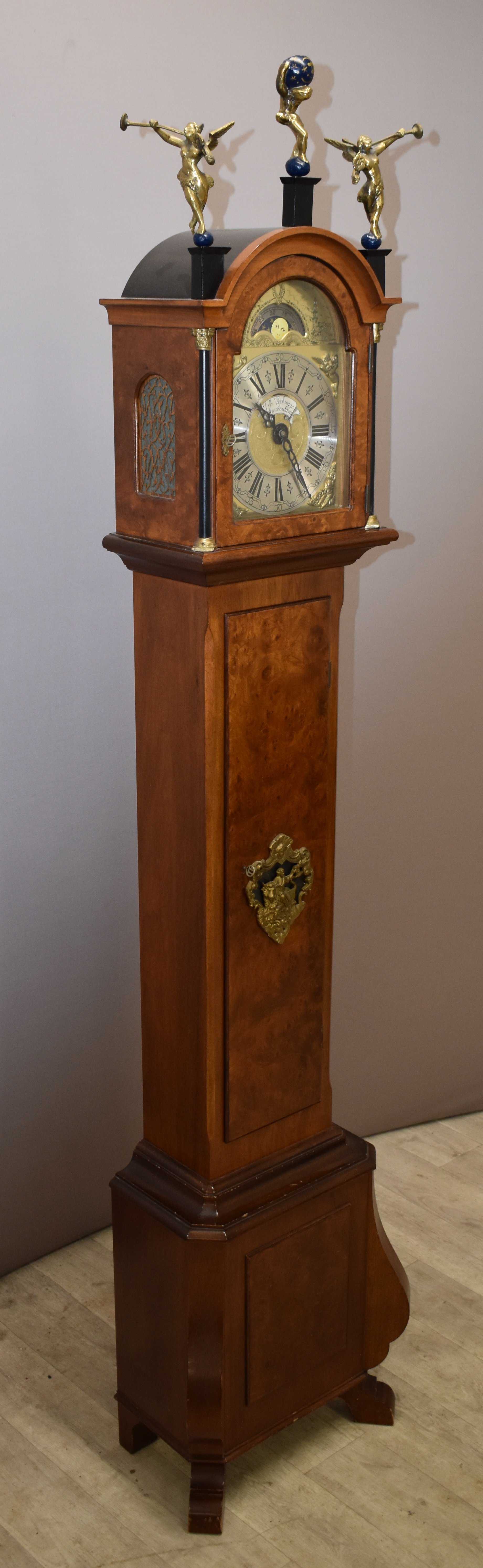 Walnut cased grandmother clock with figural decoration, moonphase, date and J M Verbrugge, Amsterdam - Image 2 of 5
