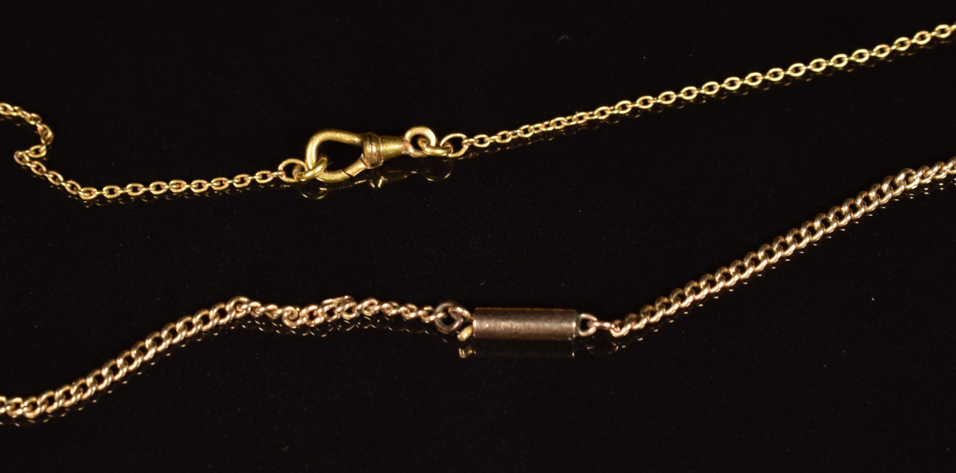 A c1900 9ct gold chain and yellow metal fob chain, length of longer 48cm, weight of both 5.5g - Image 3 of 3
