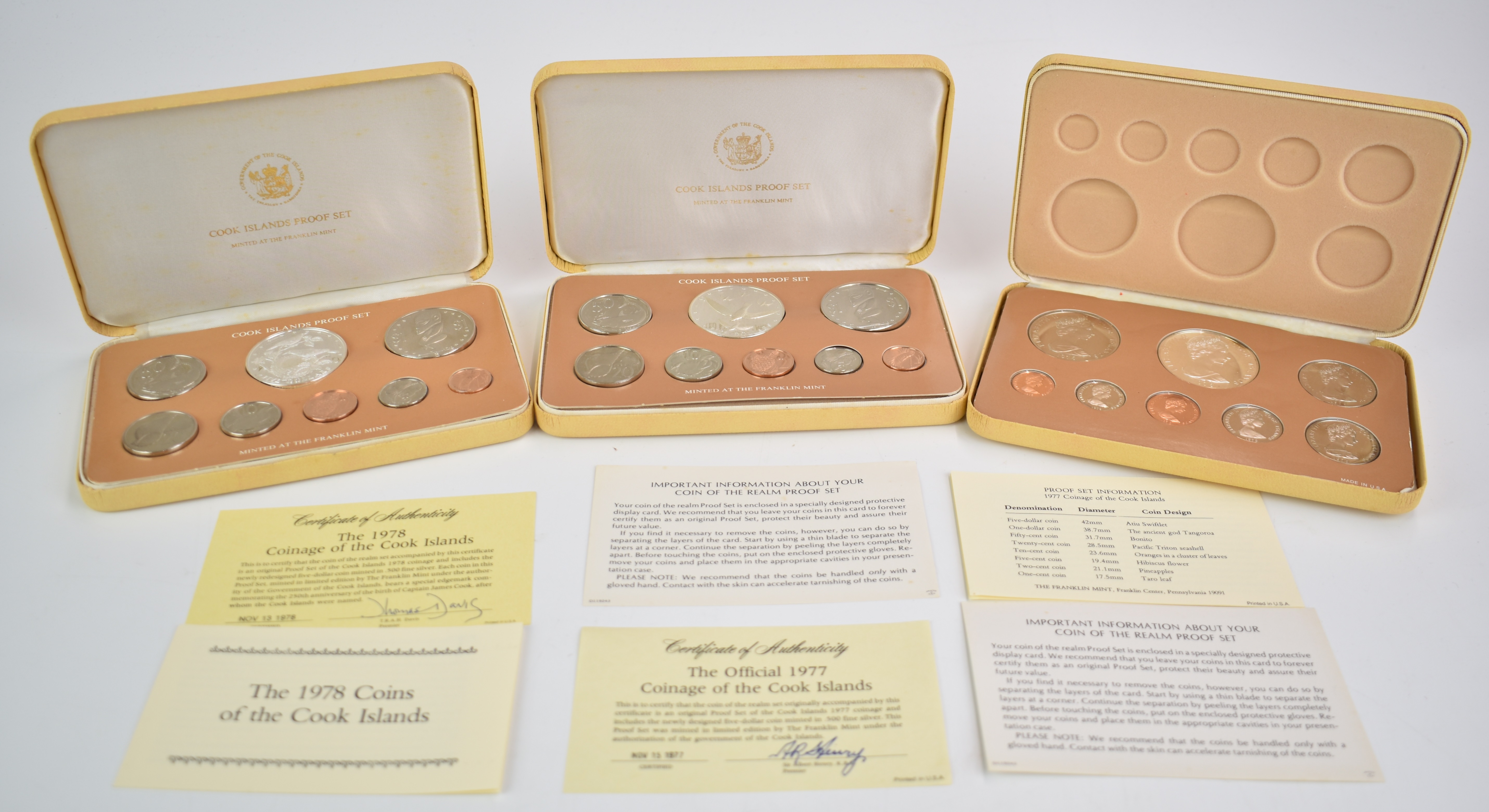 Three cased Cook Island proof coin sets