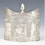 Dutch or similar silver tea caddy with embossed decoration of people walking dogs, width 9cm, weight