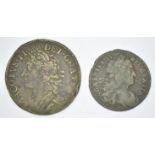 1693 Charles II Irish halfpenny and a 1689 James II 'gun money' crown