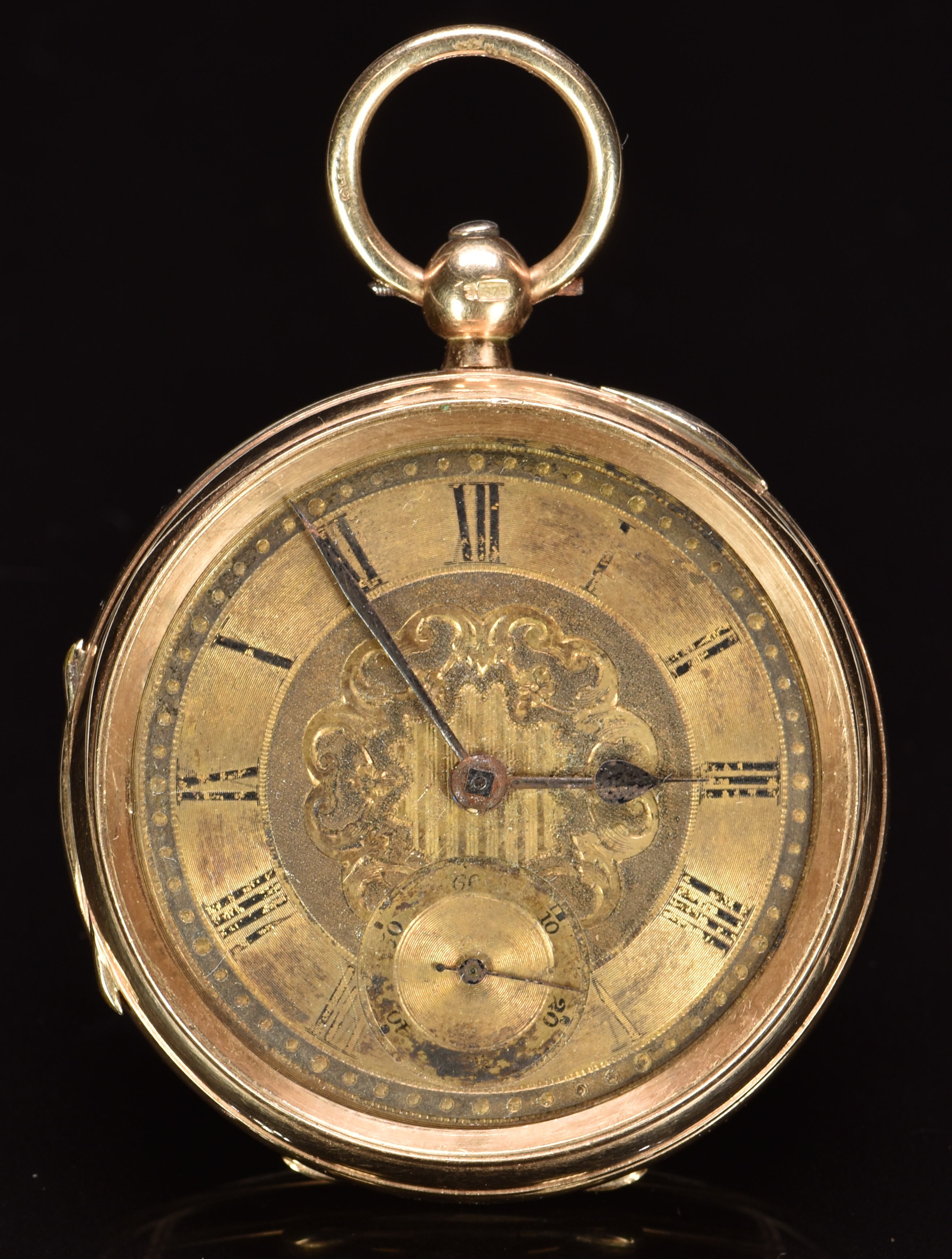 B Freedman of Penycraig 9ct gold open faced pocket watch with inset subsidiary seconds dial, black