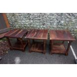 A set of three Indian hardwood tables, 59cm deep x 59cm wide x 58cm high.