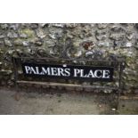 A wrought iron and enamel sign, 'Palmers Place', 124cm long.
