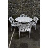 A white painted aluminium circular garden table, 72cm high x 107cm diameter, together with four