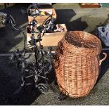 A metal jardiniere stand; together with a wicker basket.