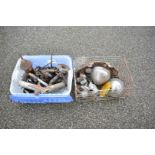A quantity of old oil cans; together with a blow torch and a quantity of old car parts; to include