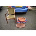 A satinwood tray; together with a satinwood banded elbow chair and an amboyna table, (a.f).
