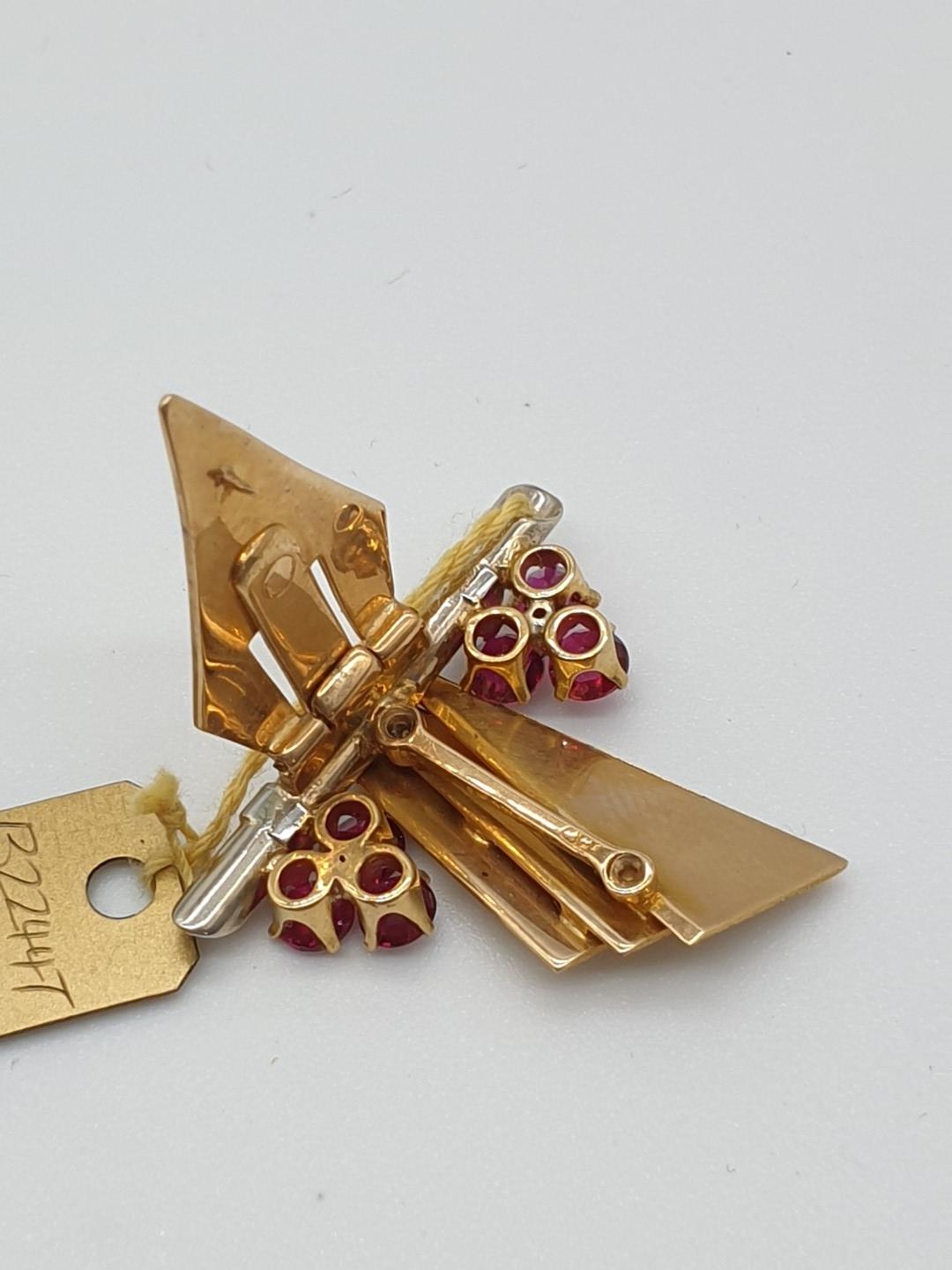 (NB) A yellow metal ruby and diamond clip, stamped 14ct, by Alabaster & Wilson, 28 x 25mm, gross - Image 3 of 3