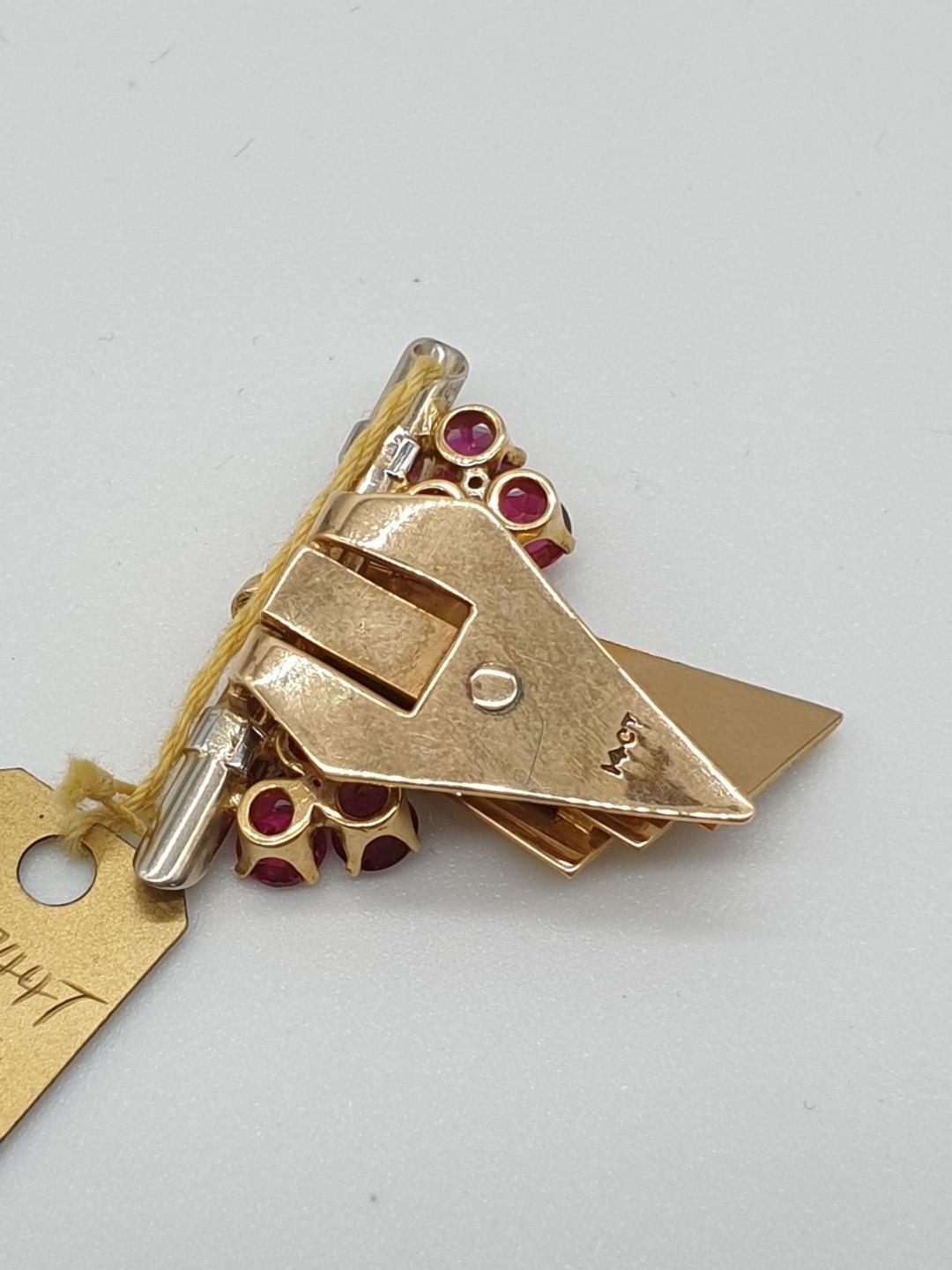 (NB) A yellow metal ruby and diamond clip, stamped 14ct, by Alabaster & Wilson, 28 x 25mm, gross - Image 2 of 3