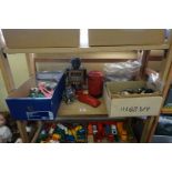 Tinplate: a vintage tinplate 'Post Box' money box; two 'Made in Japan' robots; and a red racing car;