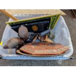 Three African carved heads; together with an eastern metal tray and other items.