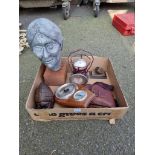 A sundry lot, to include an old lamp and a sculptured head of a lady.