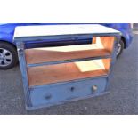 An old pine blue painted counter,130cm wide x 64cm deep x 99cm high.