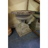 A large old weathered composition stone Campana style urn and pedestal, 79cm high x 75.5cm diameter.