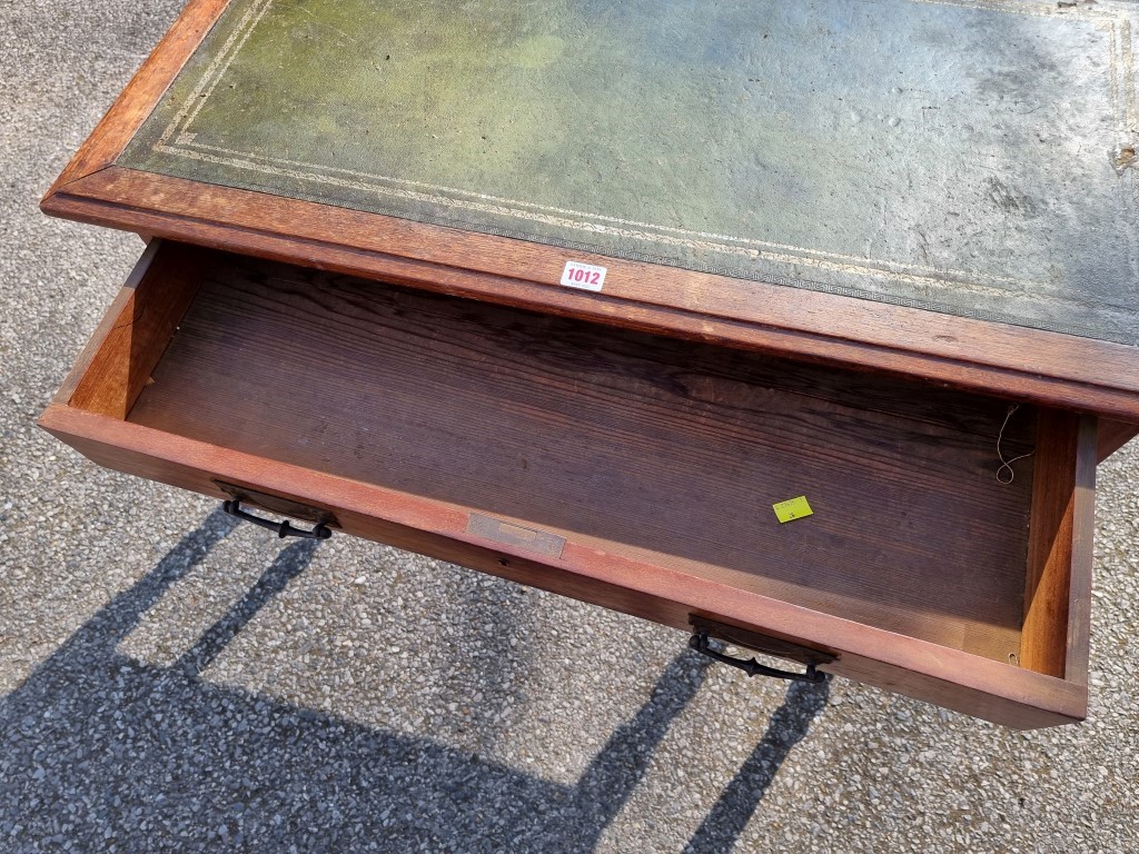 An antique oak side table, having leather top, 72cm high x 92cm wide. - Image 3 of 5