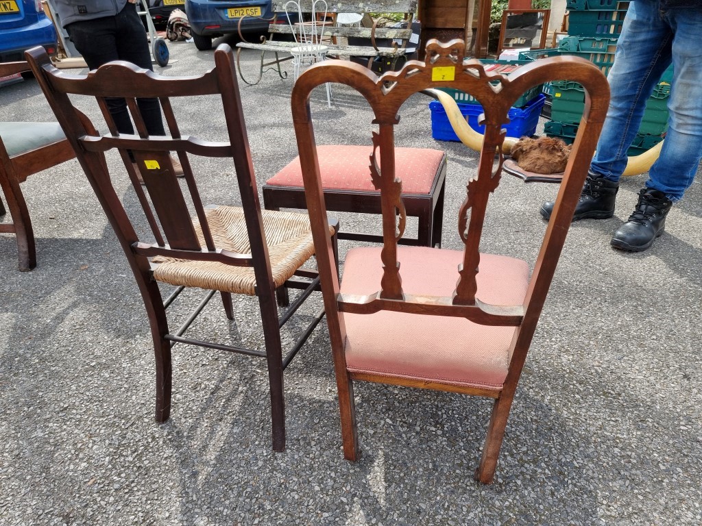 An inlaid salon chair with rush seat; together with one other chair and a Georgian style stool. - Image 4 of 4