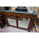 A 19th century rosewood, brass inlaid and marble top side cabinet, with a pair of mirror panelled